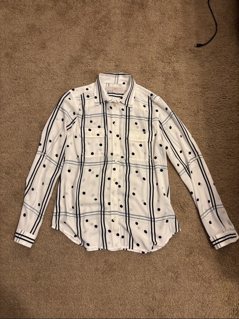 LOFT White Button-Down Shirt with Navy Windowpane & Black Polka Dots